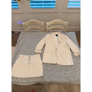 River Island Houndstooth Blazer & Skirt 2pc Set Cream Beige UK 14